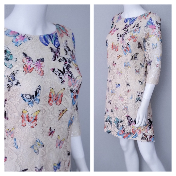 Celine Dresses & Skirts - Celine Dress • Crochet Lace • Sheer Floral Knit • Butterflies Print • S